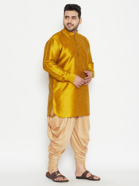 Vastramay Men's Plus Size Mustard Silk Blend Curved Kurta Dhoti Set